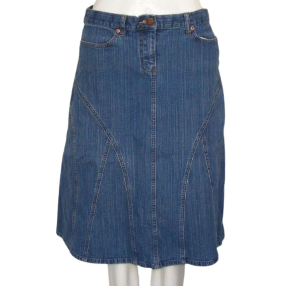 NEW YORK & CO Denim Skirt, 6, Blue, Stretch, Insert Panels, Zipper Fly, Pockets